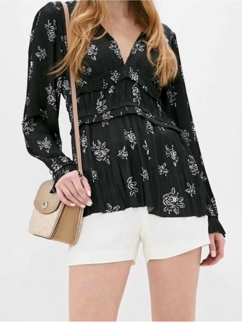 Ralph Lauren Women's Black Floral V-Neck Long-Sleeve Top shirt blouse